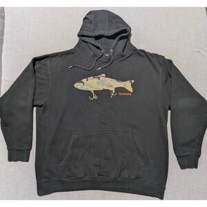 Simms Fishing Hoodie XL Black Camo Fish Hook Logo Pullover Sweatshirt